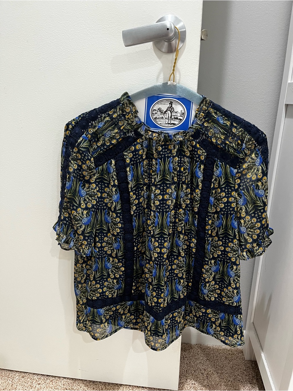 Daniel Rainn by Anthropologie XS Navy Floral Lace-Trim Blouse